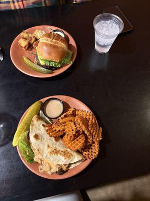 Quesadilla smash burger and sweet potato fries and the ultimate smash burger and cheese curds-so delicious