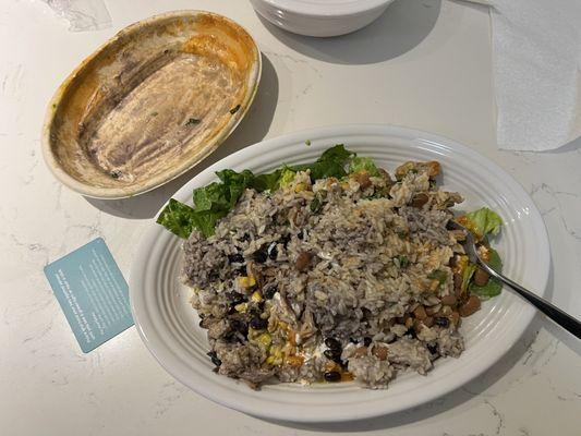 Pork Burrito bowl I poured out onto a huge plate. Card for size