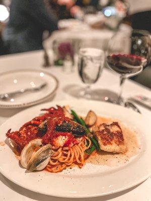 Lobster pasta and halibut