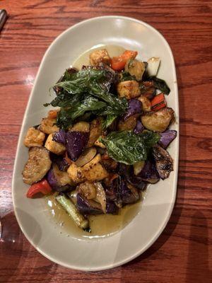 Basil Eggplant Dinner spice level 2. Comes with a side of rice.