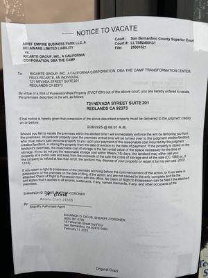 Notice of eviction at the Redlands Gym, also refusing to reimburse members for the balance of "membership".