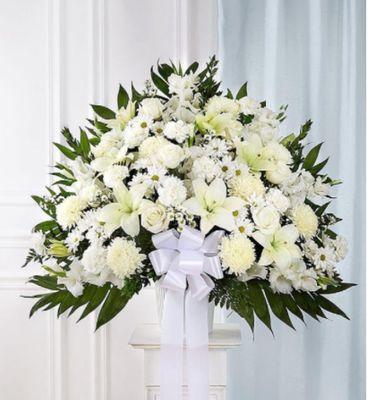 Heartfelt Sympathies white standing basket.