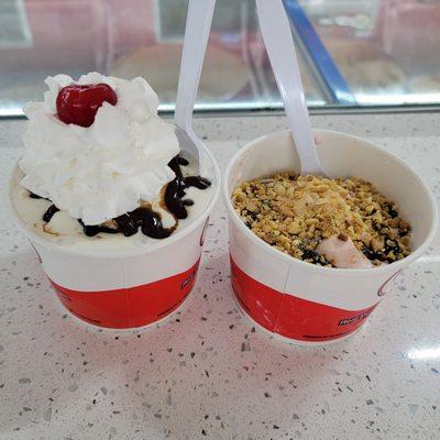 Mom's hot fudge sundae on the left, and my scoop of cherry ice cream with hot fudge & peanuts on the right. ~$15 total