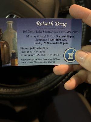 Business card with hours and phone number