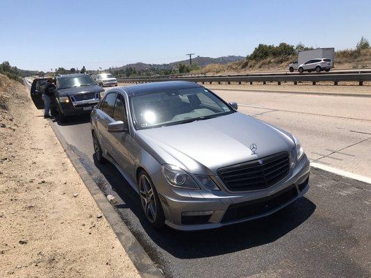 Mercedes Benz E63 overheating and broke down, and needed a tow to San Diego, CA. Thank you Juven and RJ Auto Tech Towing!