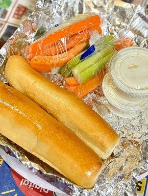 Veggies, ranch, & breadsticks