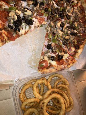 loaded pizza and onion rings delivered by GHub