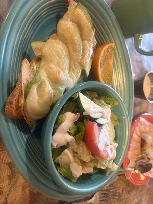 chicken avocado melt and side salad