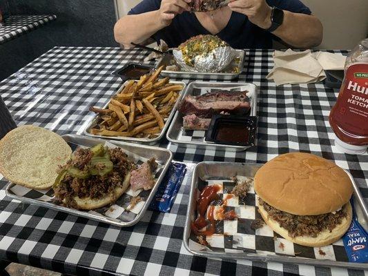 Chop beef sandwich, 1 lb ribs, fries, & All the Way Potato