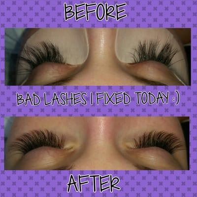 Top picture was of a bad set of lashes a client came in with improper application and wrong curl, the bottom picture is the fix!