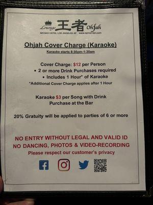 Cover charge for karaoke bar