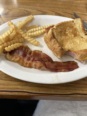 Hot ham and cheese with a side of bacon