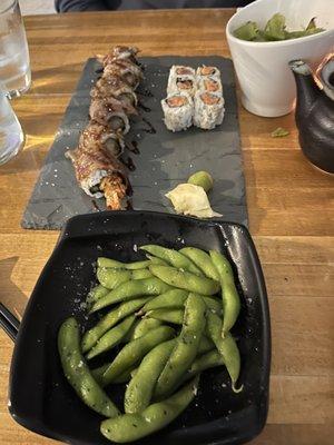 Salted edamame, spicy tuna maki and shrimp tempura with short rib sushi (can't remember the name)