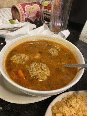 Albondigas (Turkey meatball soup) AMAZING!!!!!!! Savory, spicy, flavorful. Didn't need to add anything to it! I love this place