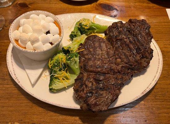 20oz Ribeye, Sweet Potato soufflé and broccoli.