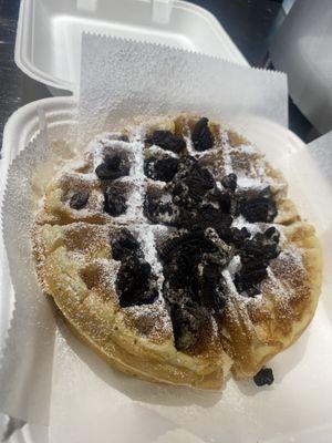 Belgian Waffle With Powdered Sugar And Oreo Toppings