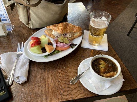 Had this last night. Chicken salad croissant sandwich with French onion soup and zero alcohol beer.... Loved it!!