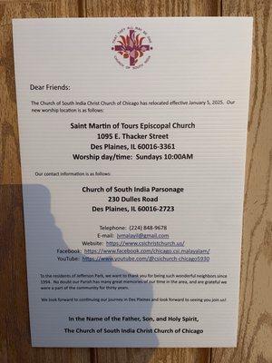 Notice of the church's new worship location