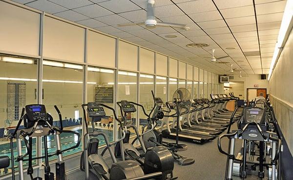 Fitness loft overlooks the pool