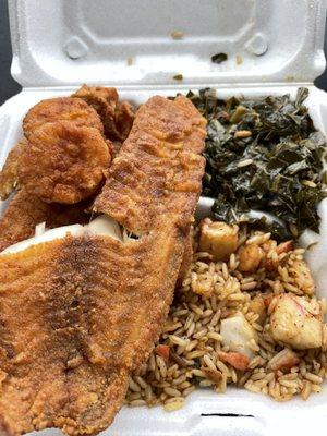 Tilapia, Scallops, collards, seafood rice
