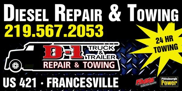 D-1 Truck & Trailer Repair & Towing offers 24 HR towing!