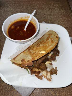 $11.00- Quesabirria 2/10 The meat texture was okay, but the tortilla was hard. The soup was oily. The whole plate was plain.