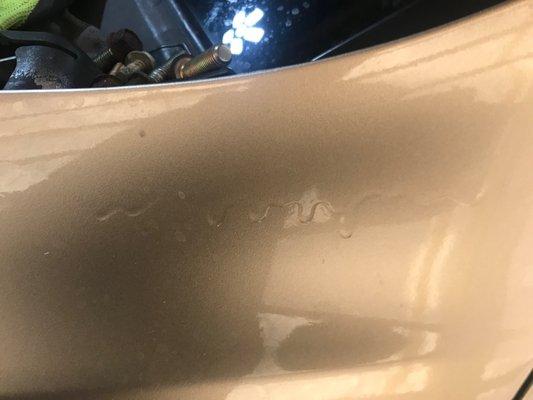 Unfinished paint job on left driver side fender