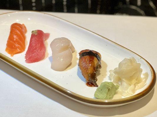 Salmon, Tuna, Scallop, and Eel nigiri