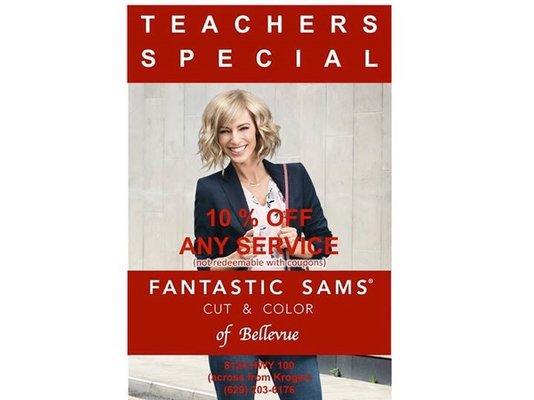 Year-round teachers discounts include $2 off any haircut or 10% off any other service.