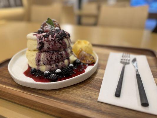 Blueberry Cheese Soufflé Pancakes with Mango Ice Cream and Caramelized Lemons