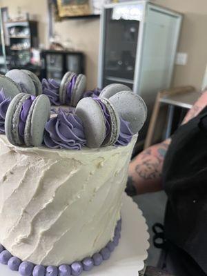 Red velvet cake.. with lavender macarons