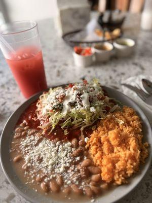 Enchiladas plate with strawberry drink so good.