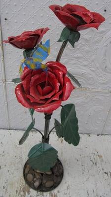 Red Roses with Hummingbird on Rock Base