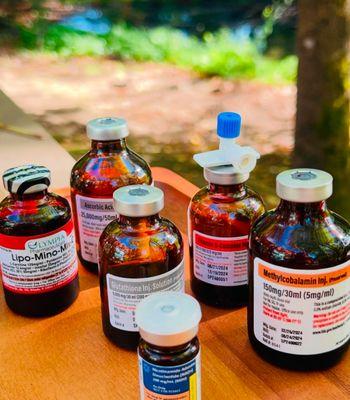 B12, B-Complex, Vitamin C, L-Carnitine, NAD, Lipo Plus, Glutathione, Biotin, Folic Acid, Iron, Vitamin D, Methylene Blue, etc.