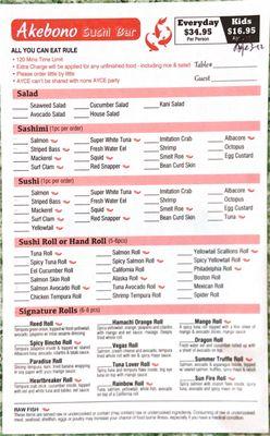 All You Can Eat (AYCE) Menu