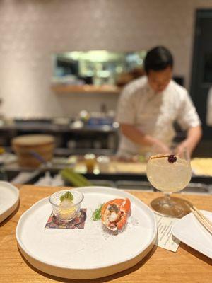 Lobster (two ways) Starting from the left - chilled lobster with citrus and poached lobster in a truffle sauce. Drink - Pocket Pear