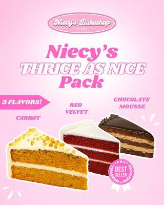 Three cakes. One box. Zero regrets.
Niecy's Bestselling "Thrice As Nice" Pack is the ultimate dessert trifecta!