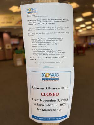 FYI on Miramar Library temporary closing during the month of November!