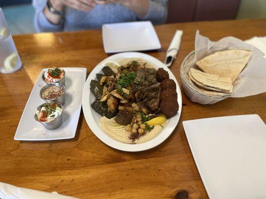 Combination for Two Tzatziki/Tabouleh Chicken/Gyro/Falafel/Grape Leaves Baba Ghanoush Hummus Pita