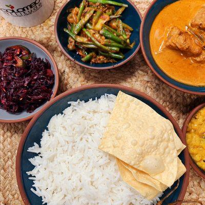 Rice & Curry | Sautéed Beetroot | Dhal | Green Beans | Fish Curry