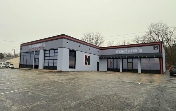 A sneak-peek exterior rendering showing the updates planned for this location as it transitions to Maclane's Auto ownership.
