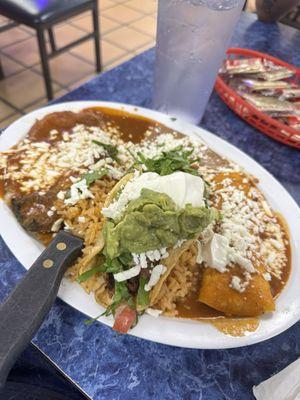 Cheese Enchilada, Beef Taco and Chile Relleno Combo plate