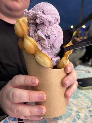 Bubble waffle with ONE scoop of huckleberry ice cream