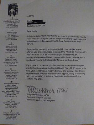 Hmmm. Received this letter from Bonita House out of the blue after three years. Gee wonder why.