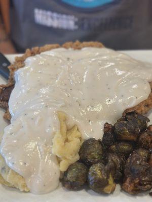 Chicken Fried Steak (16 oz) w/mashed potatoes & Brussels Sprouts