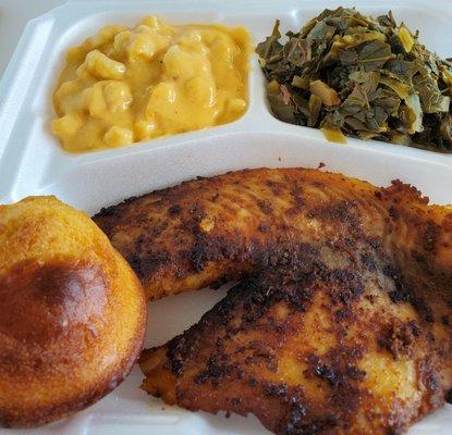 Cajun tilapia, cornbread, mac 'n cheese and collard greens