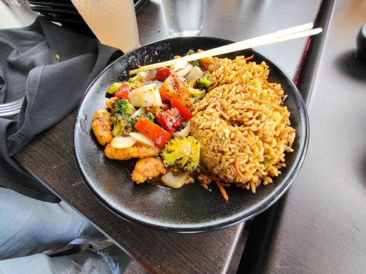 Sesame chicken Vegetables and fried rice