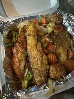 Grilled fish and shrimp with mixed grilled vegetables