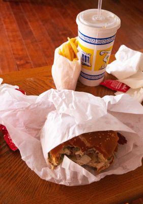 Larry burger, fries, and drink