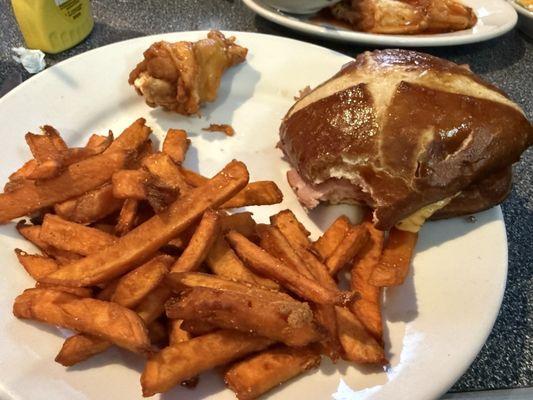 Ham and cheese on pretzel bun